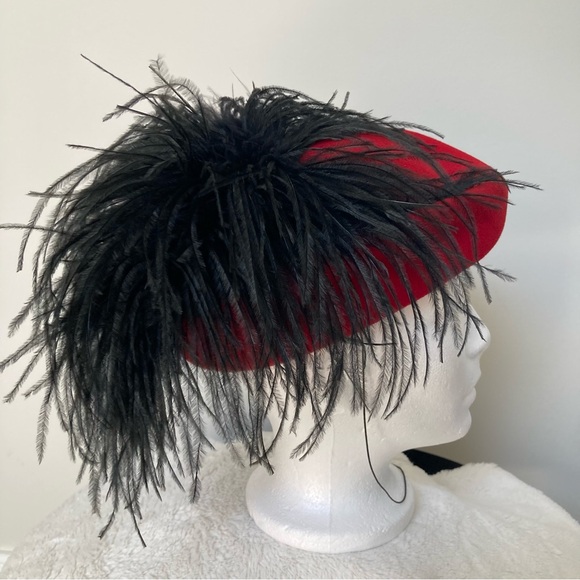 Vintage Red and Black Feathered Hat - Picture 2 of 15